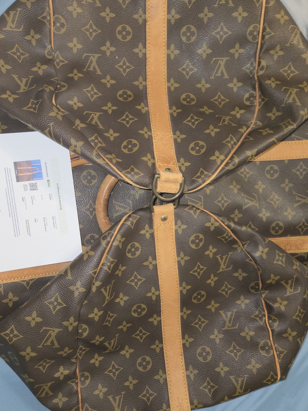 Authentic Louis Vuitton KEEPALL 55' Canvas Duffel with Tan Leather Trim